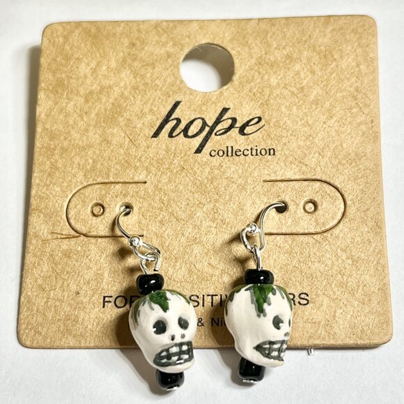 Skull Earrings Ceramic Bead Skeleton Halloween Goth Gothic Dangle Silver Plated - Picture 3 of 12